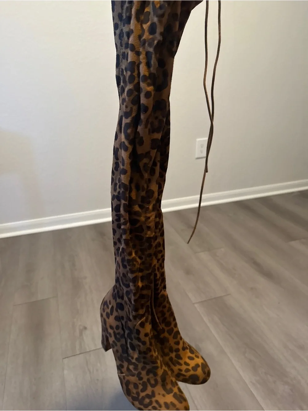 Leopard Print Over-the-Knee Block Heel Boots - Tan/Black